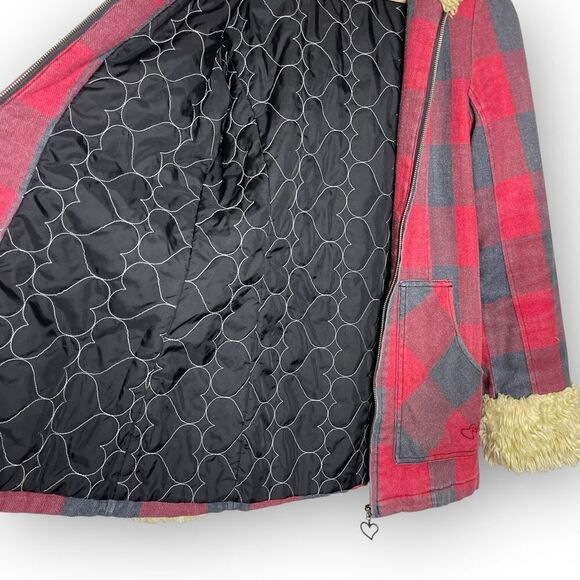 Roxy Red Buffalo Plaid Faux Fur Grunge Goth Emo Y2K Jacket Skate Size Small - Picture 9 of 10